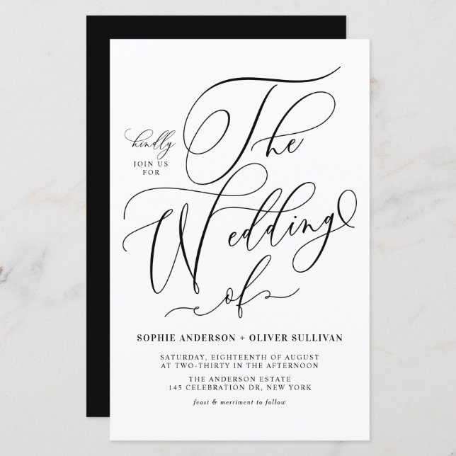 Black Whimsical Script Wedding Invitation (Front/Back)