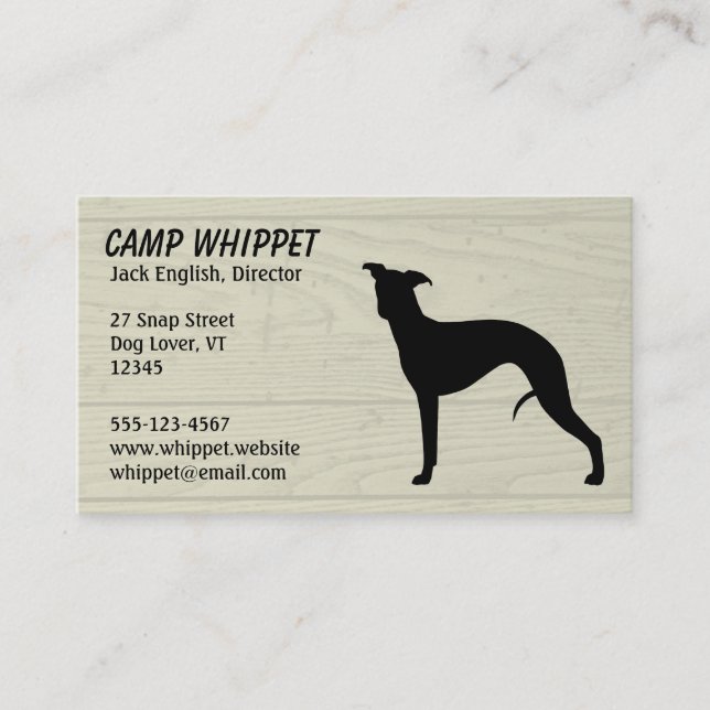 Black Whippet Dog Silhouette Faux Wood Style Business Card (Front)