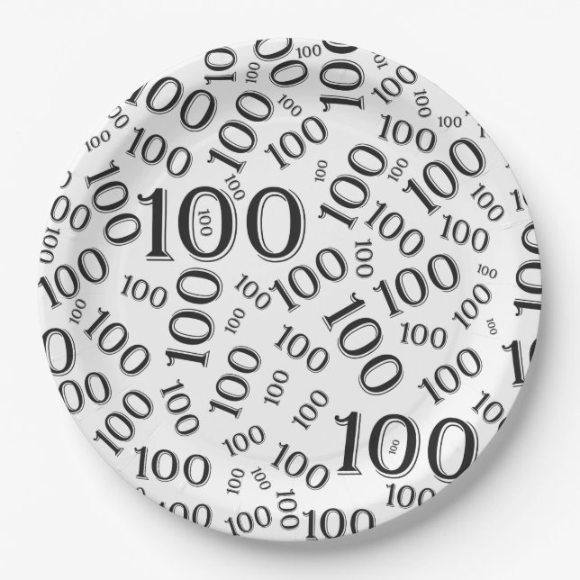 Black/White 100th Birthday Party Number Pattern Paper Plate (Front)