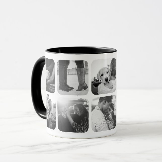Black & White 10 Photo Template Grid Rounded Mug (Front Left)
