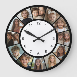 Black White 12 Photo Collage Modern  Large Clock