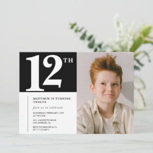 Black White 12th birthday invitation Chic Photo