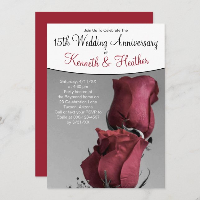 Black White 15th Wedding Anniversary Red Roses Invitation (Front/Back)
