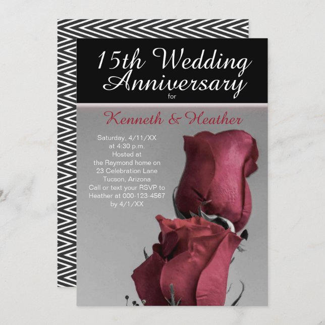 Black White 15th Wedding Anniversary Red Roses Invitation (Front/Back)