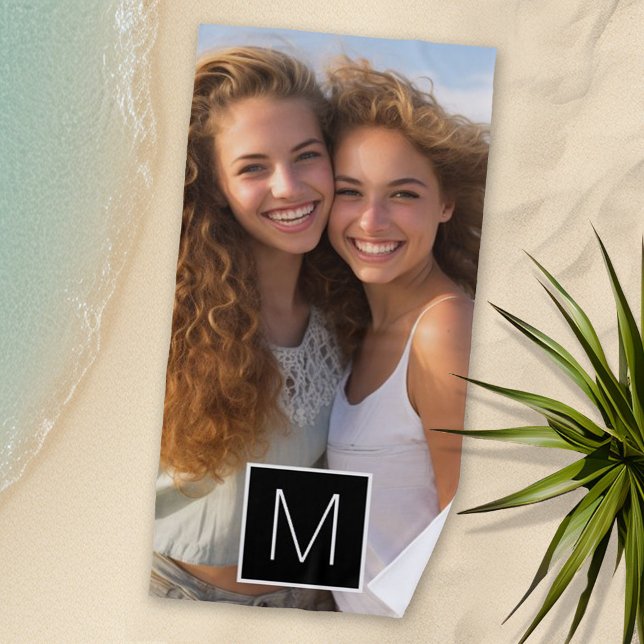Black & White 1 Photo Collage Custom Monogram Beach Towel (Custom Beach Towel - Add large photo and monogram or name)