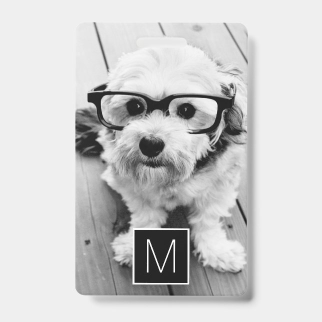 Black White 1 Photo Collage Custom Monogram ID Badge (Front)