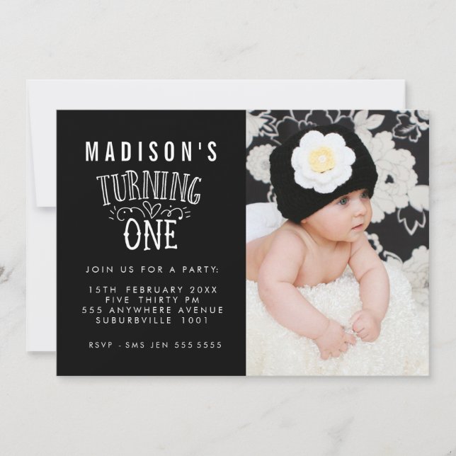Black & White 1st Birthday Personalised Photo Card (Front)
