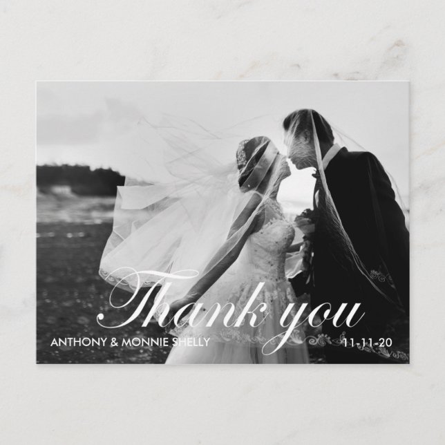Black & White 2 Photo Wedding Thank You Postcard (Front)