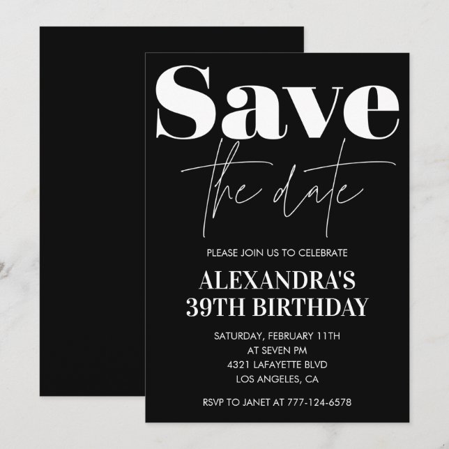 Black White 39th birthday invitation Save the date (Front/Back)