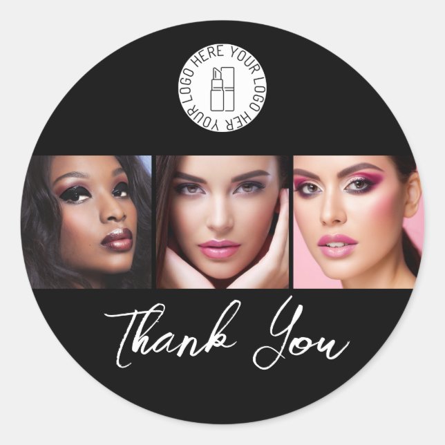 Black White 3 Photo Makeup Logo Thank You Classic Round Sticker (Front)
