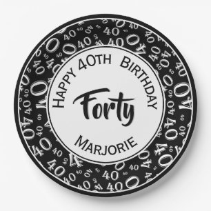 Black/White 40th Happy Birthday Number Pattern Paper Plate