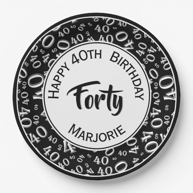Black/White 40th Happy Birthday Number Pattern Paper Plate (Front)