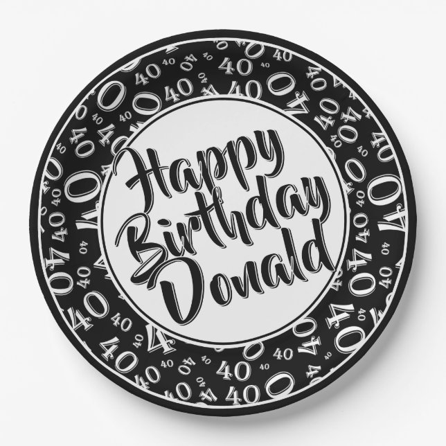 Black/White 40th Happy Birthday Number Pattern Paper Plate (Front)
