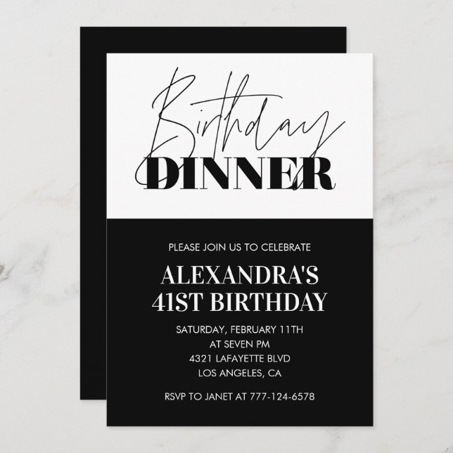 Black White 41st birthday invitations Dinner  (Front/Back)