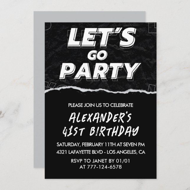 Black White 41st birthday invitations Men  (Front/Back)