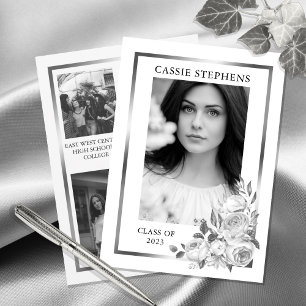 Black  White 4 Photo Collage Gold Frame Graduation Announcement