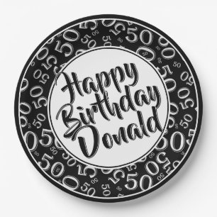 Black/White 50th Random Number Pattern Paper Plate