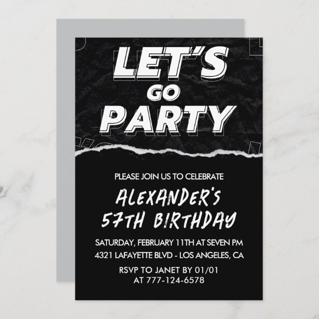 Black White 57th birthday invitations Men  (Front/Back)