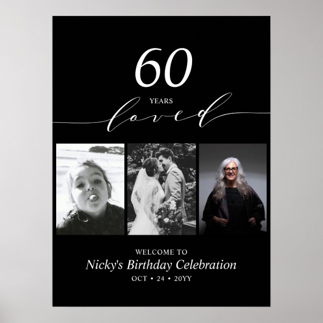 Black & White 60 Loved 60th Birthday Party Welcome Poster (Front)