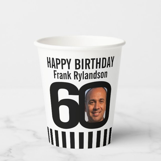 Black white 60th birthday custom photo paper cups (Front)
