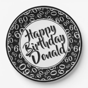 Black/White 60th Random Number Pattern Paper Plate