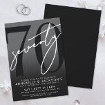 Black White 70th Anniversary Party Invitation<br><div class="desc">Celebrate seventy years of love with this modern 70th wedding anniversary invitation. The design features a sleek grey background with a subtle black gradient for a timeless and elegant look, perfectly suited to the traditional “platinum” milestone. A large black "70" stretches across most of the card, with a handwritten script-style...</div>