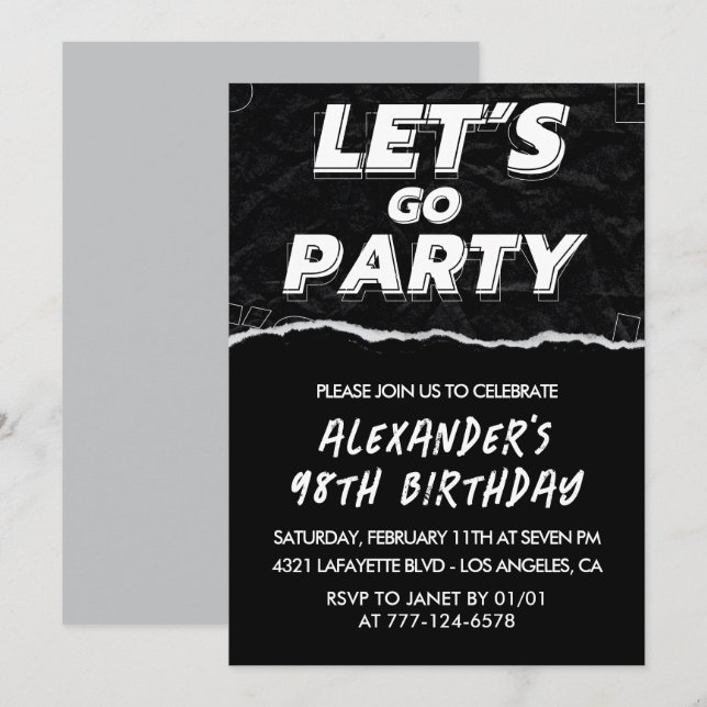 Black White 98th birthday invitations Men  (Front/Back)