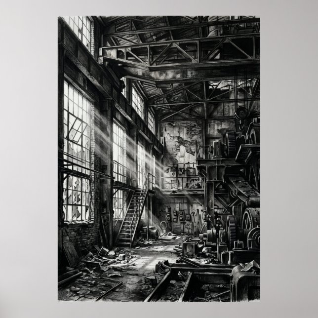 Black White Abandoned Industrial Factory Urban Exp Poster (Front)