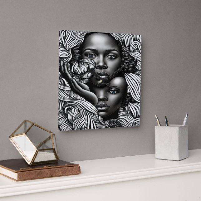 Black & White Abstract African American Women Square Wall Clock (Office)