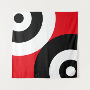 Black & White Abstract Circles on Red Tapestry
