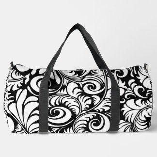 Black White Abstract Floral Print Large Duffle Bag