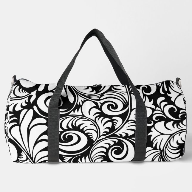 Black White Abstract Floral Print Large Duffle Bag (Front)