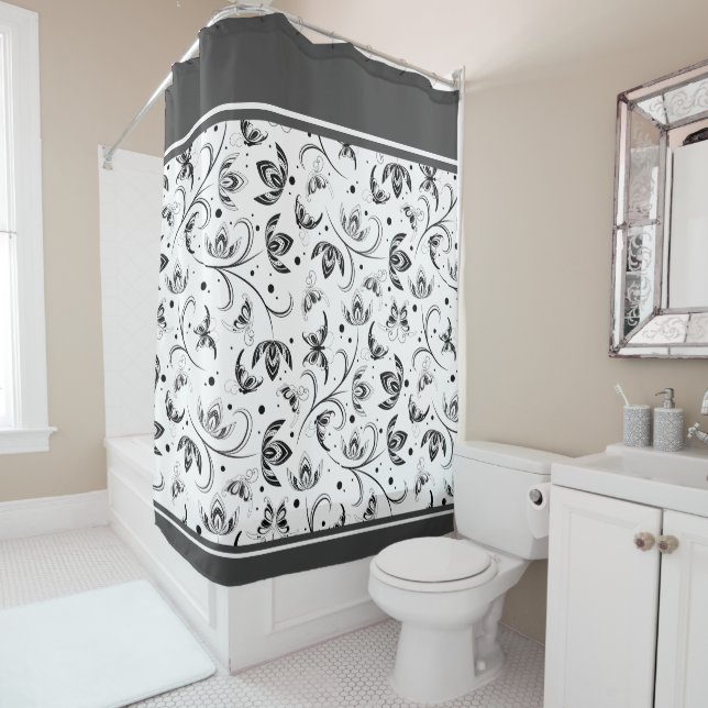 Black & White Abstract Flower Pattern Shower Curtain (In Situ)