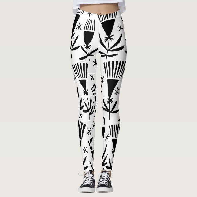 Black White Abstract Flowers: Elegant Pattern Leggings (Front)