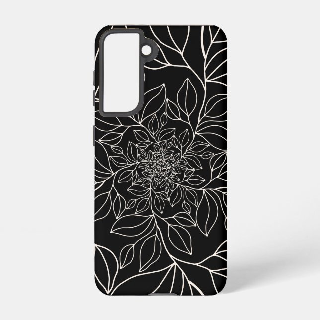 Black white abstract leaves stem lines wavy samsung galaxy s21 case (Back)