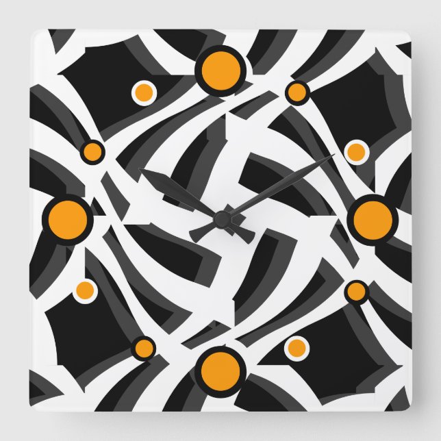 Black White Abstract Orange Wall Clock (Front)