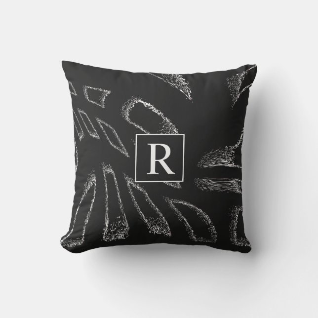 Black White Abstract Patterns Monogram Initials Cushion (Front)