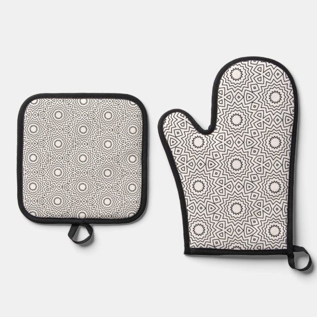 Black & White Abstract Seamless Mandala Design Oven Mitt & Pot Holder Set (Front)
