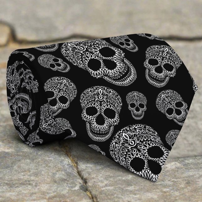 Black White Abstract Spooky Skulls Halloween Tie (Creator Uploaded)