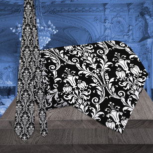 Black & White Acanthus Leaf Floral Damask Wedding Tie