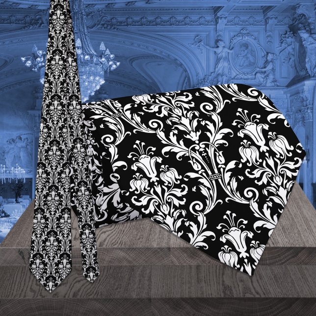 Black & White Acanthus Leaf Floral Damask Wedding Tie (Creator Uploaded)