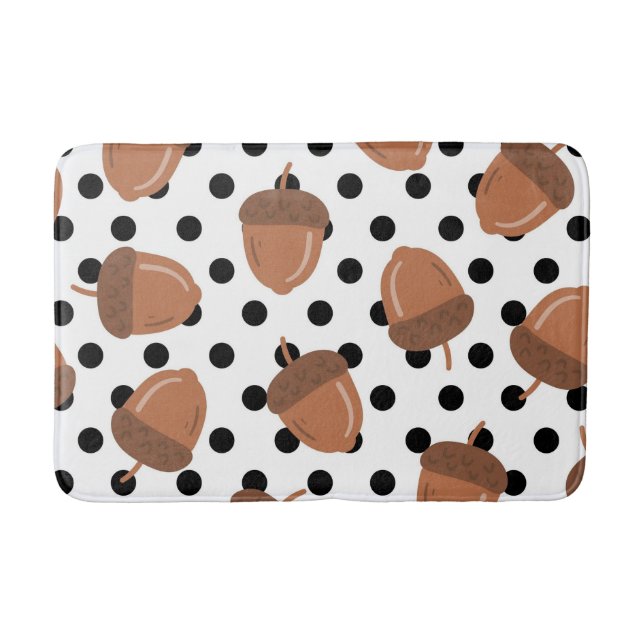 Black & White Acorn Botanical Polka Dot Fall  Bath Mat (Front)