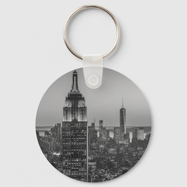 Black & White Aerial View of New York City Night Key Ring (Front)