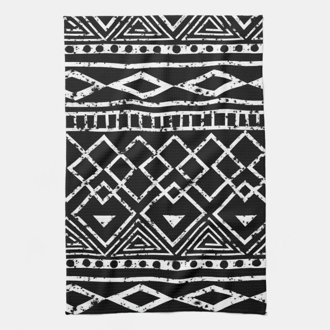 Black White African Tribal Pattern Tea Towel (Vertical)