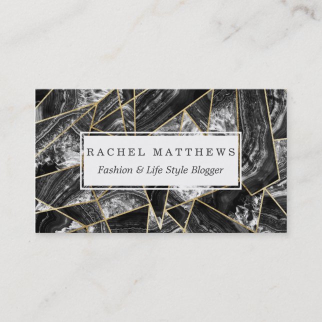 Black White Agate Black Gold Geometric Triangles Business Card (Front)