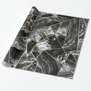 Black White Agate Black Gold Geometric Triangles Wrapping Paper