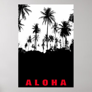 Black White Aloha Hawaii Palm Trees Tropics Travel Poster