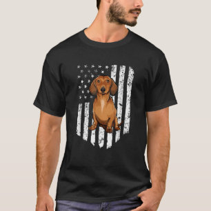 Black White American Flag Brown Dachshund 4th Of J T-Shirt