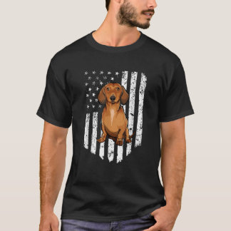 Black White American Flag Brown Dachshund 4th Of J T-Shirt