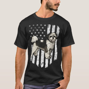Black White American Flag Shih Tzu 4th Of July USA T-Shirt